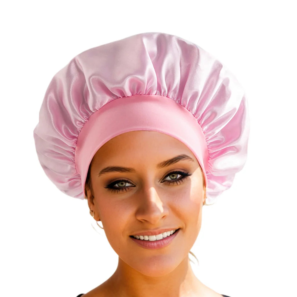 1PC Women's Satin Solid Bonnets Wide-brimmed Night Sleeping Bathing Hat Unisex Head Wrap Elastic Band Cap Hair Care Bonnet.