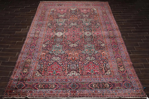 Antique 9'5'' x 13'6'' Hand Knotted 100% Wool Mashaad Traditional Area Rug Navy