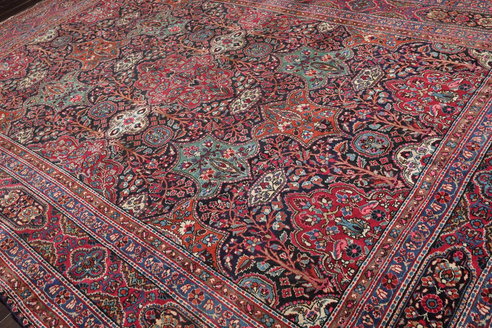 Antique 9'5'' x 13'6'' Hand Knotted 100% Wool Mashaad Traditional Area Rug Navy