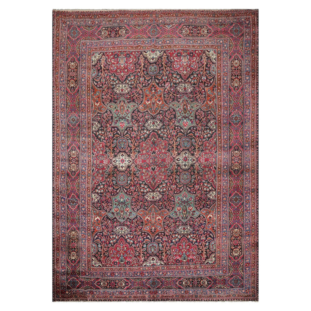Antique 9'5'' x 13'6'' Hand Knotted 100% Wool Mashaad Traditional Area Rug Navy