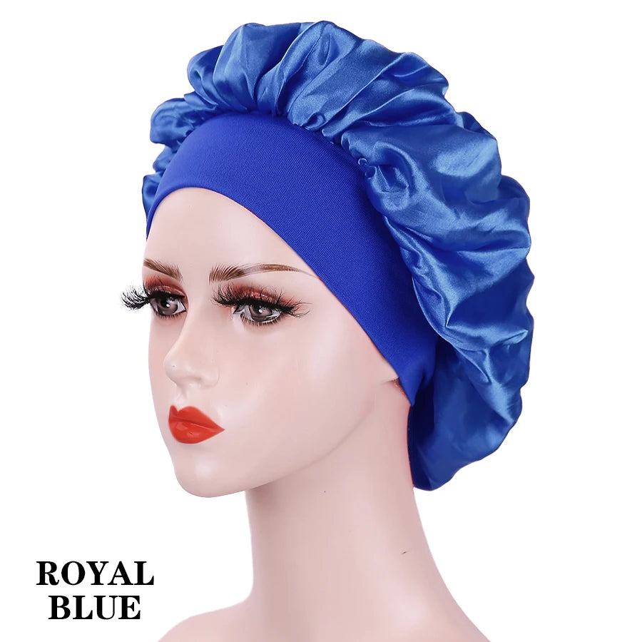 1PC Women's Satin Solid Bonnets Wide-brimmed Night Sleeping Bathing Hat Unisex Head Wrap Elastic Band Cap Hair Care Bonnet.