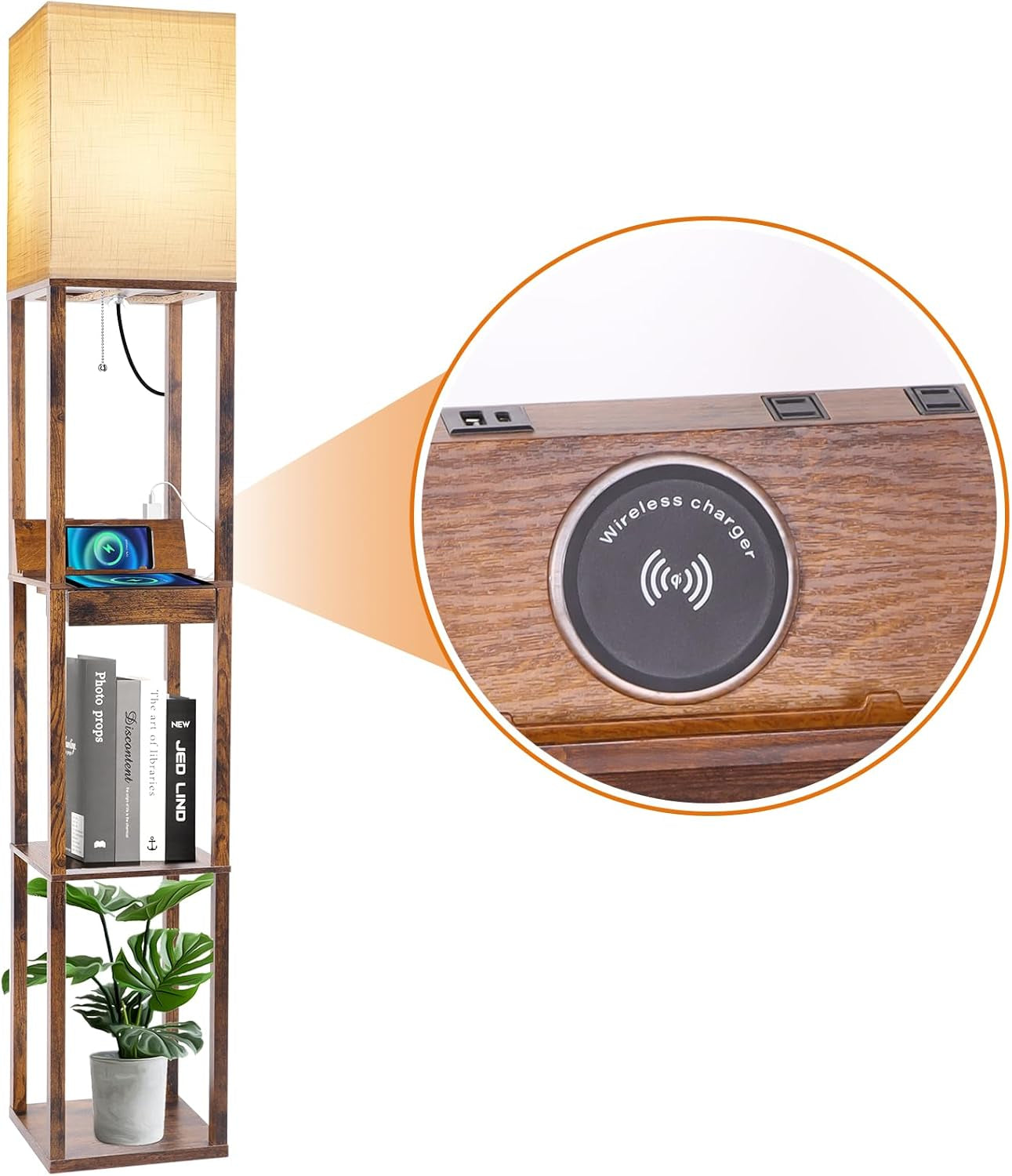Floor Lamp with Shelves, Shelf Floor Lamp with Wireless Charger & 2 Charging USB Ports & Drawer, AC Outlet, 3 Color Temperature Tall Standing Lamp with Bulb for Living Room, Bedroom, Office