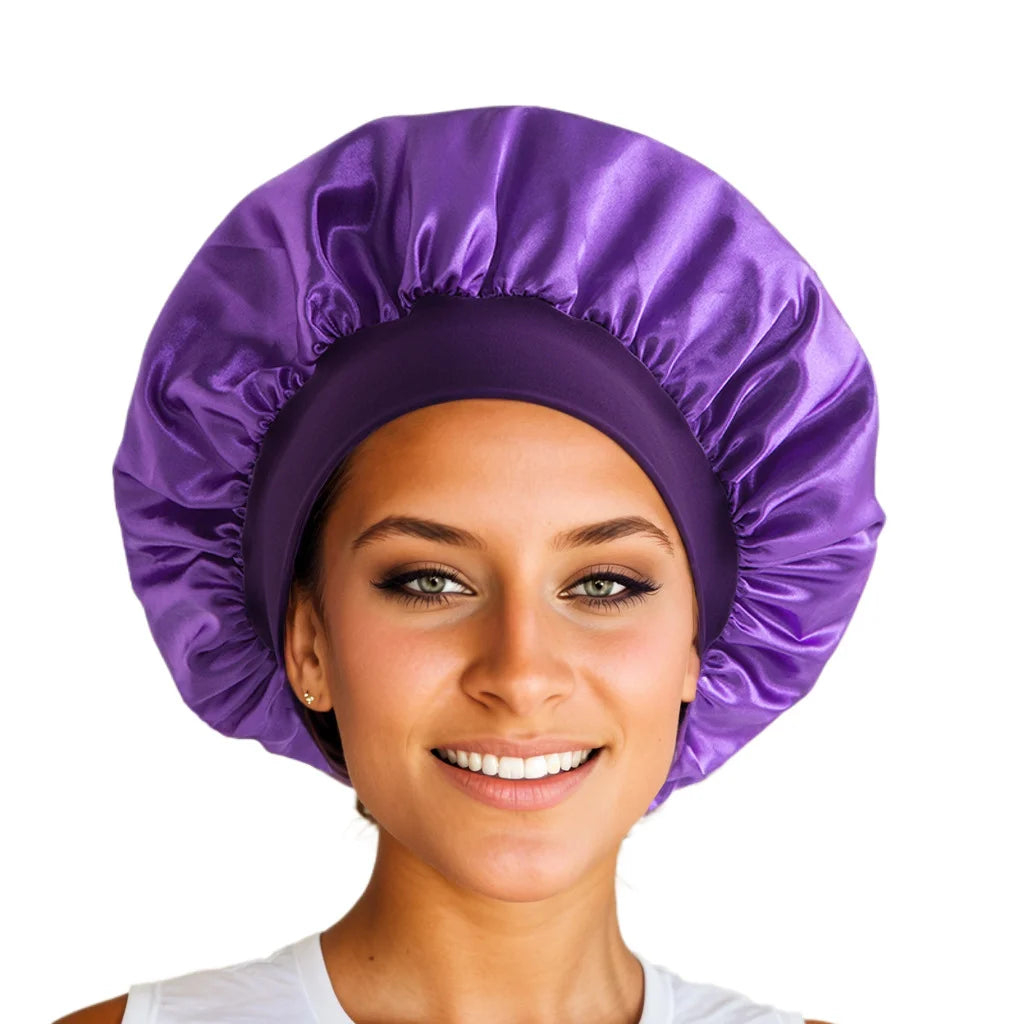 1PC Women's Satin Solid Bonnets Wide-brimmed Night Sleeping Bathing Hat Unisex Head Wrap Elastic Band Cap Hair Care Bonnet.