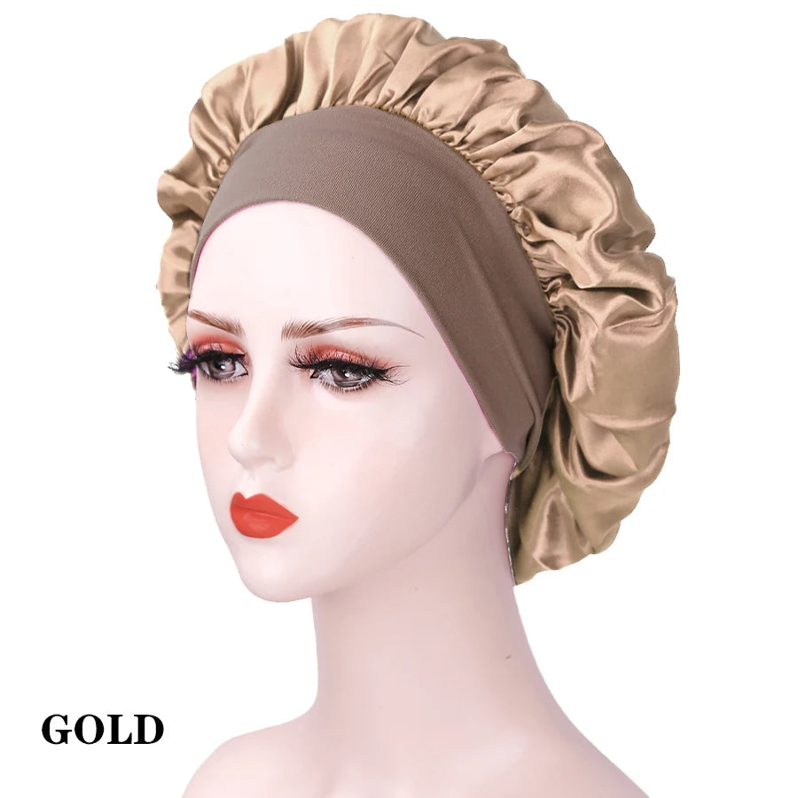 1PC Women's Satin Solid Bonnets Wide-brimmed Night Sleeping Bathing Hat Unisex Head Wrap Elastic Band Cap Hair Care Bonnet.