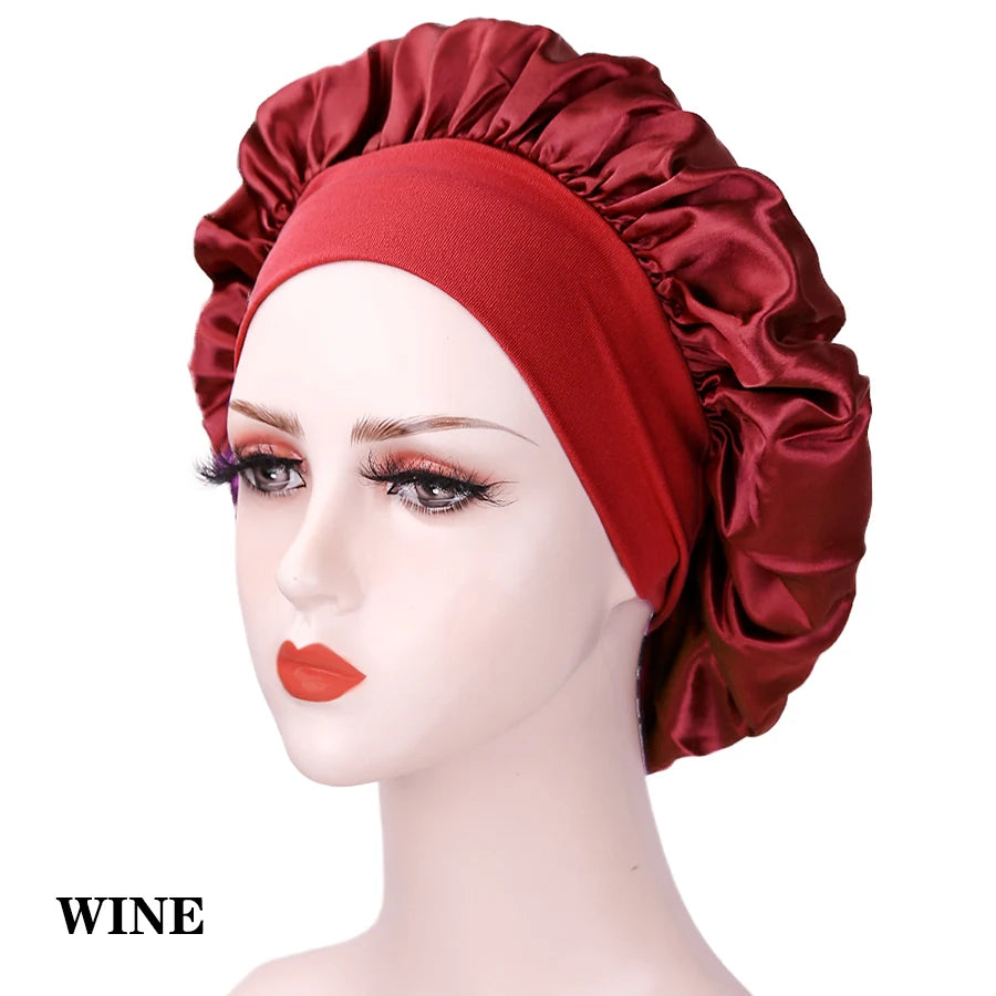 1PC Women's Satin Solid Bonnets Wide-brimmed Night Sleeping Bathing Hat Unisex Head Wrap Elastic Band Cap Hair Care Bonnet.