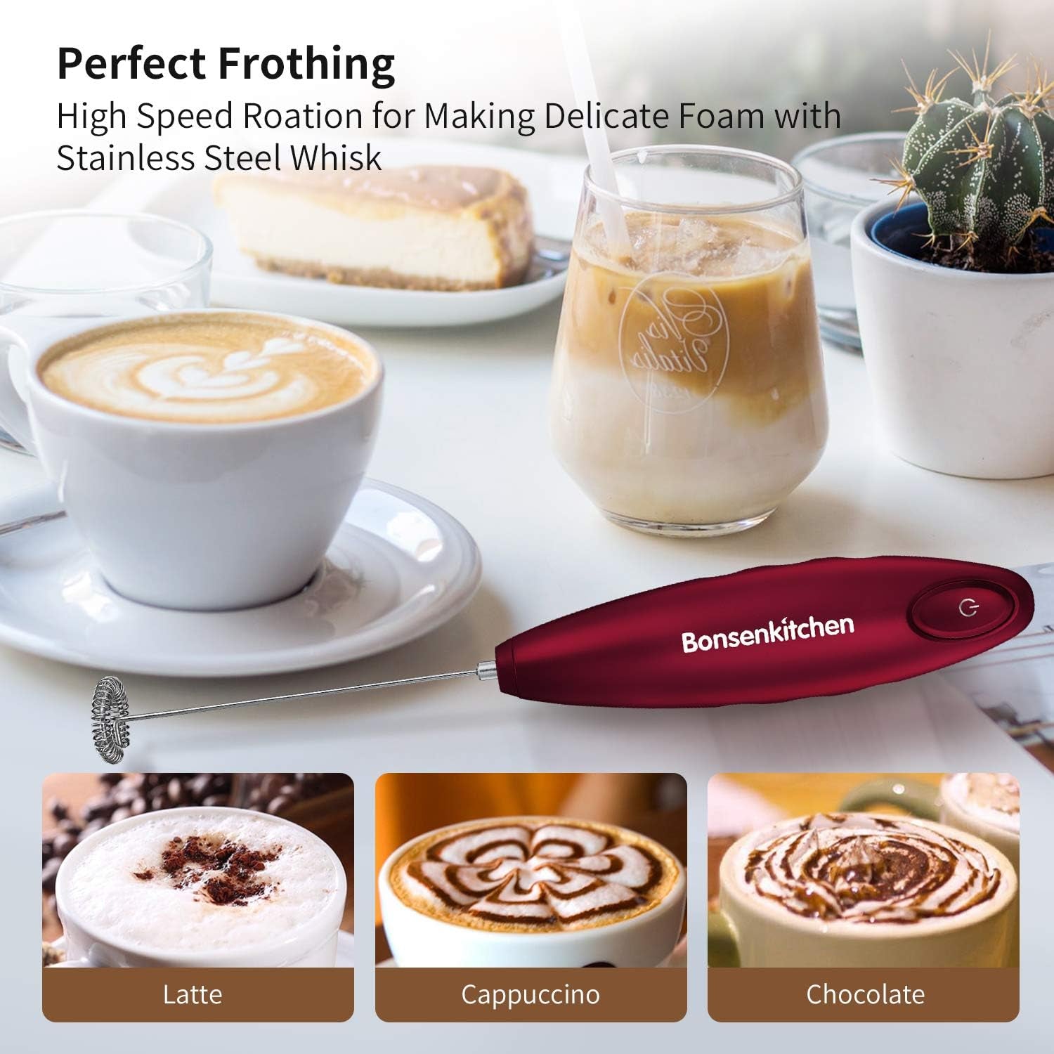 Handheld Milk Frother, Electric Hand Foamer Blender for Drink Mixer, Perfect for Bulletproof Coffee, Matcha, Hot Chocolate, Mini Battery Operated Milk Whisk Frother-Red
