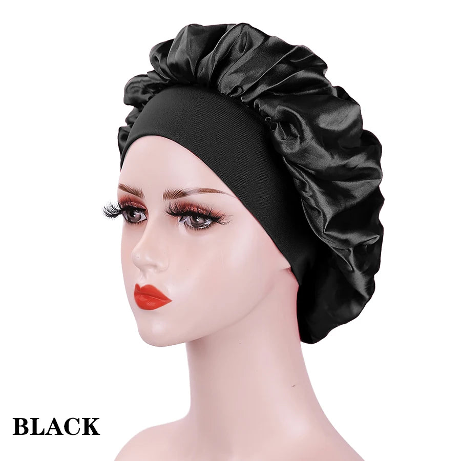 1PC Women's Satin Solid Bonnets Wide-brimmed Night Sleeping Bathing Hat Unisex Head Wrap Elastic Band Cap Hair Care Bonnet.