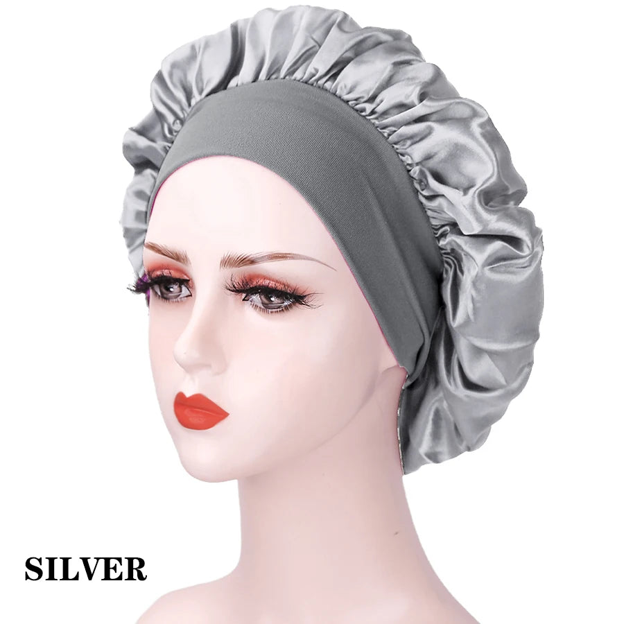 1PC Women's Satin Solid Bonnets Wide-brimmed Night Sleeping Bathing Hat Unisex Head Wrap Elastic Band Cap Hair Care Bonnet.