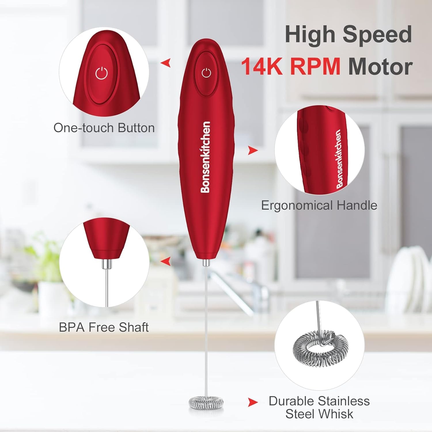 Handheld Milk Frother, Electric Hand Foamer Blender for Drink Mixer, Perfect for Bulletproof Coffee, Matcha, Hot Chocolate, Mini Battery Operated Milk Whisk Frother-Red