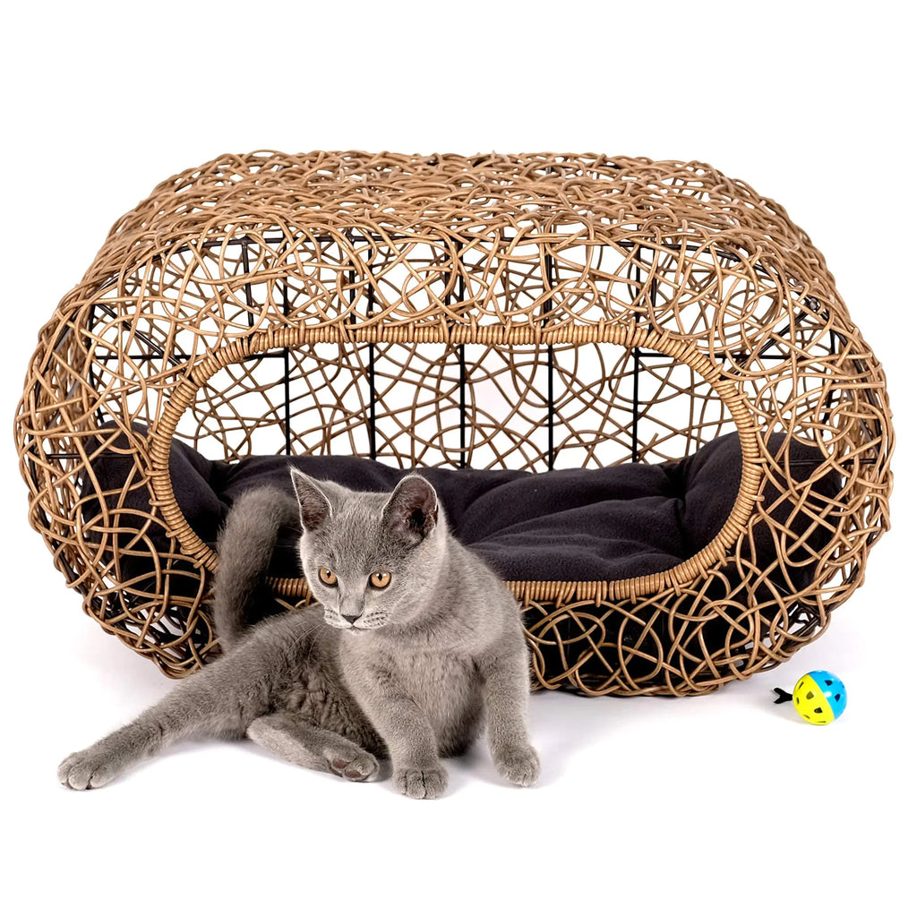 Fun Stackable Cat Condo - Interactive Play Faux Rattan Cat House with Enclosed Bed Pet Friendly Top/Side Entries
