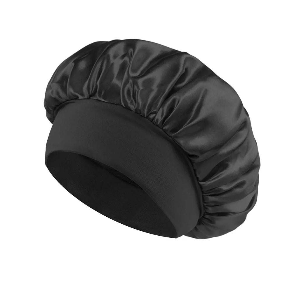 1PC Women's Satin Solid Bonnets Wide-brimmed Night Sleeping Bathing Hat Unisex Head Wrap Elastic Band Cap Hair Care Bonnet.