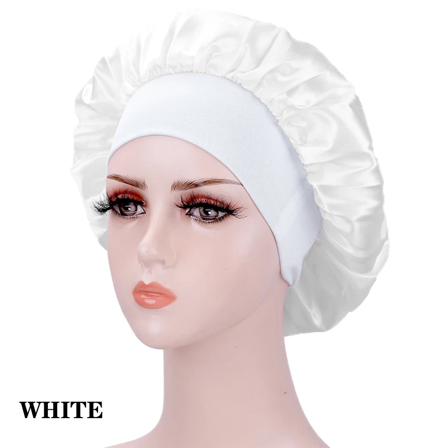 1PC Women's Satin Solid Bonnets Wide-brimmed Night Sleeping Bathing Hat Unisex Head Wrap Elastic Band Cap Hair Care Bonnet.