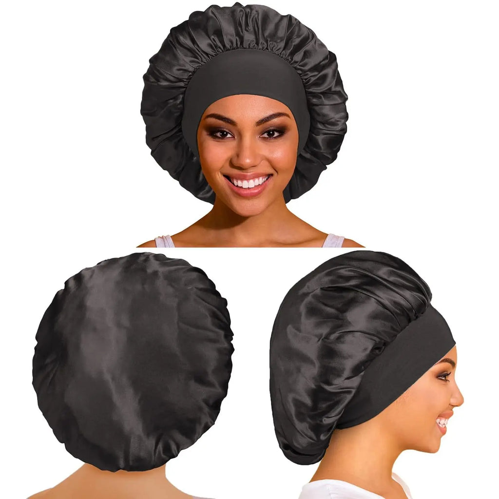 1PC Women's Satin Solid Bonnets Wide-brimmed Night Sleeping Bathing Hat Unisex Head Wrap Elastic Band Cap Hair Care Bonnet.