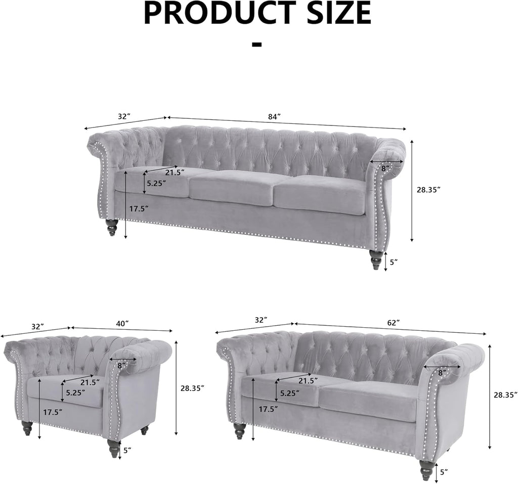 Three Piece Living Room Sofa Set Grey Velvet Chesterfield Sofa Club Chair Loveseat Nailhead Trim