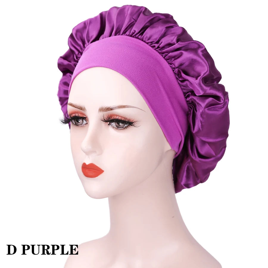 1PC Women's Satin Solid Bonnets Wide-brimmed Night Sleeping Bathing Hat Unisex Head Wrap Elastic Band Cap Hair Care Bonnet.